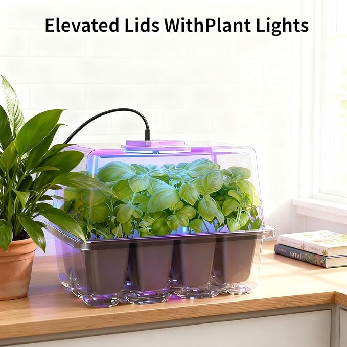 Seed Starter Kit with Grow Lights, 48 Cells Total (4 Trays of 12), Full Spectrum Mini Greenhouse for Indoor Plant Germination, Green