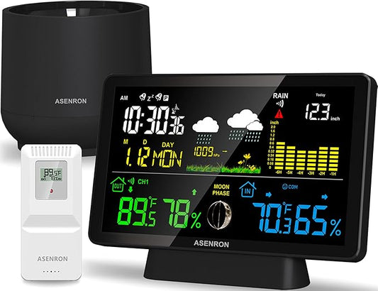Weather Station with Rain Gauge, Home Weather Stations Wireless Indoor Outdoor with Rain Gauge, Thermometer, Barometric Pressure, Humidity Monitor, Atomic Clock, Digital Weather Forecast and Alerts