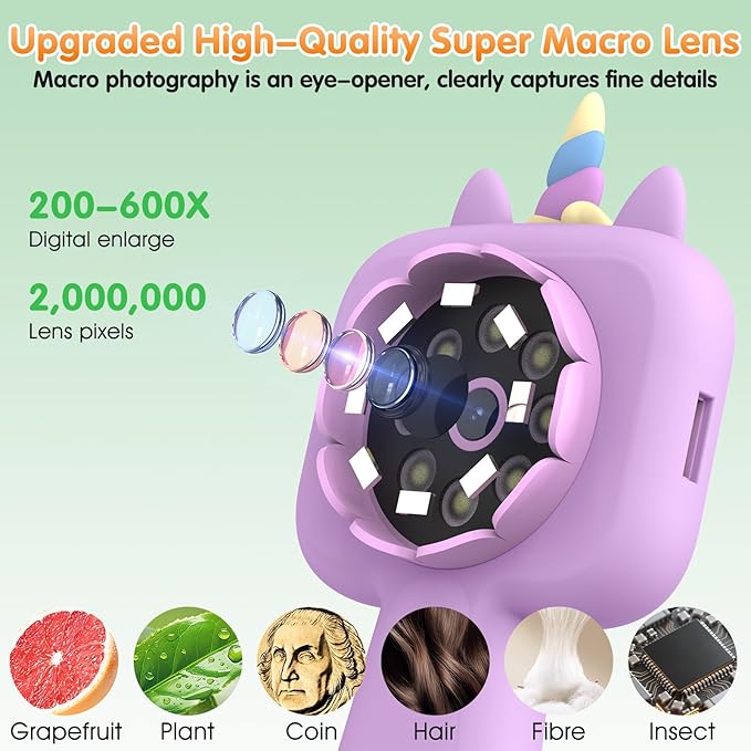 Kids Microscope - 2.4" IPS Screen, 600X-4800X Digital Magnification, LED Light, Purple Unicorn Silicone Cover, Educational Science Toy