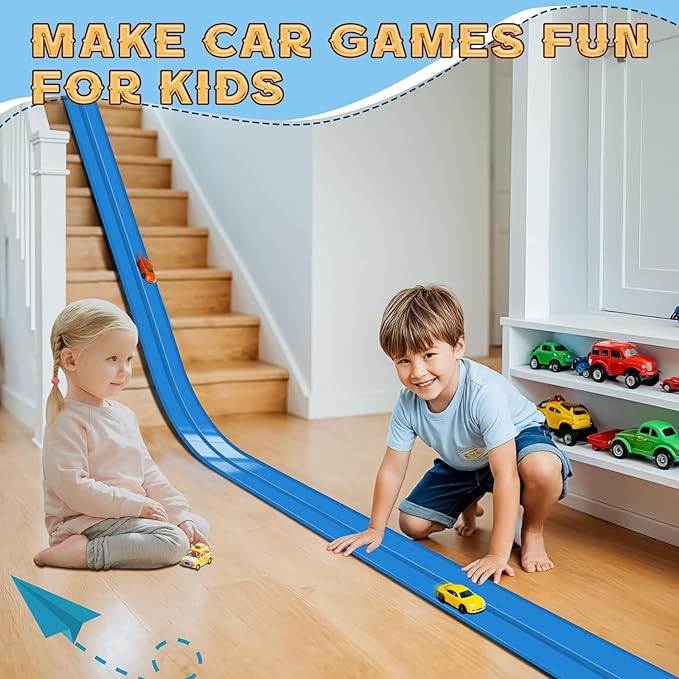 Flex Track 15 Ft Starter Set, Flexible Race Car Ramp Track for Ages 3 & Up with Suction Cups Compatible with Diecast 1/64th Cars (Blue)