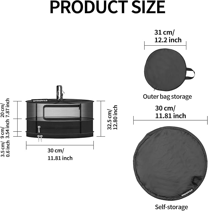 Herb Drying Hanging Mesh Rack - 1ft Diameter (D12xH13 inch) 2 Layer, Foldable Plant Drying Net with U-Shaped Zipper & Storage Pouch for Herbs, Plants, Flowers, Fruits, Food & Clothes