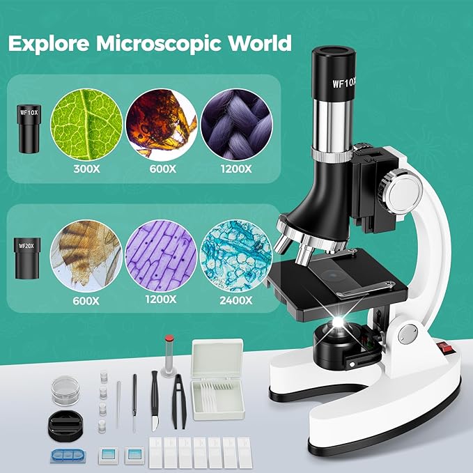 USCAMEL Kids Microscope Science Kit - 1200X Microscope for Kids 8-12 with Prepared Slides Metal Body LED Light Carrying Box Educational Compound Toy Set for Children Ages 5 Year Old Boys & Girls Gift