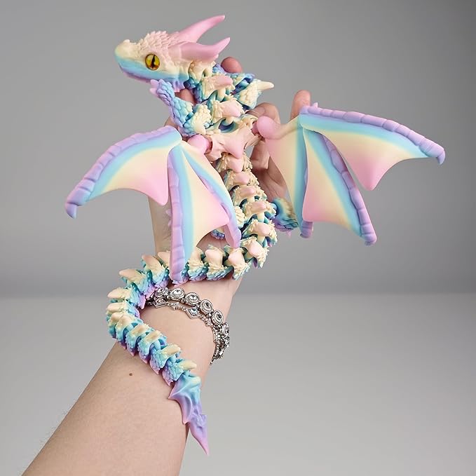 3D Printed Dragon with Wings,3D Printed Animals Toys, Fidget Dragon Toys, Flexible Articulated Winged Crystal Dragon Model,Desktop Pet Deco, Stocking Stuffers (Matte-Rainbow)