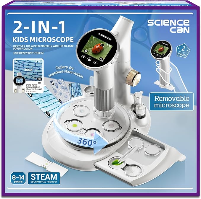 Science Can Microscope for Kids, 2-in-1 Handheld Microscope with 2.5" HD Screen, Photo & Video Recording, STEM Toys Educational Science Kit for Kids Ages 8-14, 8GB SD Card Included