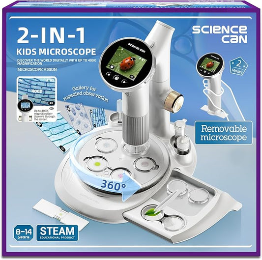 Science Can Microscope for Kids, 2-in-1 Handheld Microscope with 2.5" HD Screen, Photo & Video Recording, STEM Toys Educational Science Kit for Kids Ages 8-14, 8GB SD Card Included