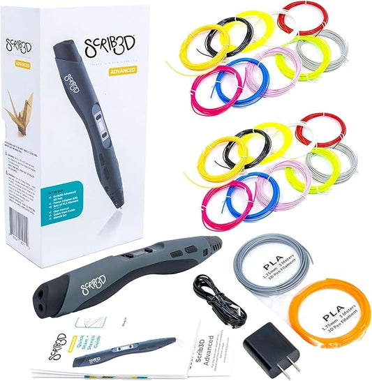 SCRIB3D Advanced 3D Printing Pen with 2 Starter Colors and PLA Refill Pack with 10 Assorted Colors