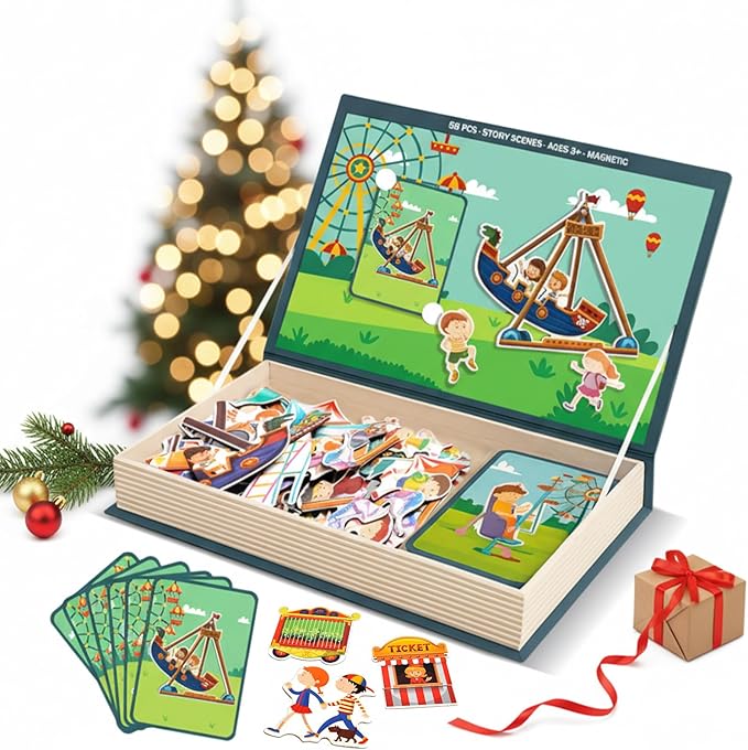 Magnet Toys Amusement Park Magnetic Jigsaw Puzzle for Toddlers, Montessori Quiet Travel Busy Book with 42 Magnets & 16 Activity Cards - Educational Carnival Airplane Toy Ages 3+