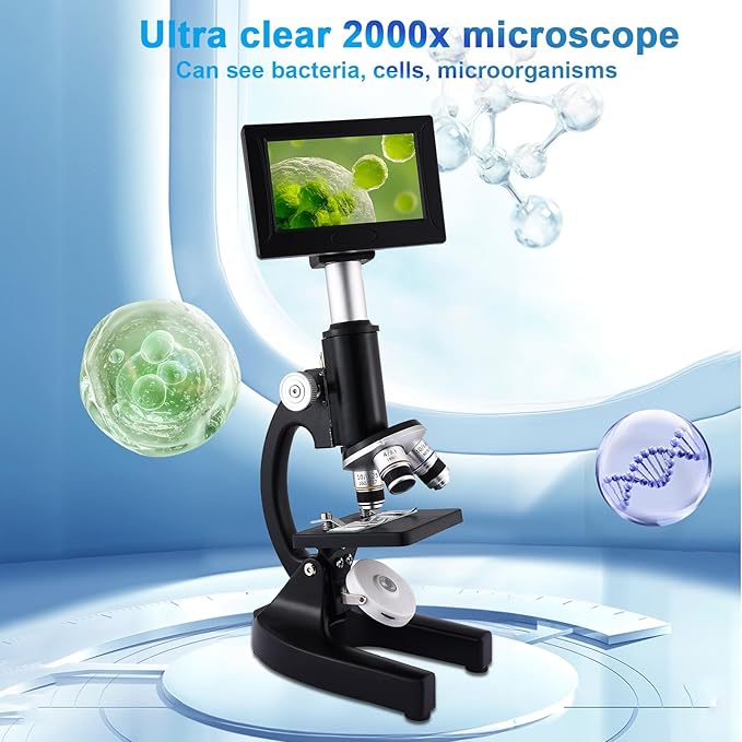 Microscope 40X-2500X Magnification, HD Wide Angle Eyepieces, 4-inch High-Pixel Display with LED Fill Light 3, Cell Phone Observable, for Home School Labs (Black)