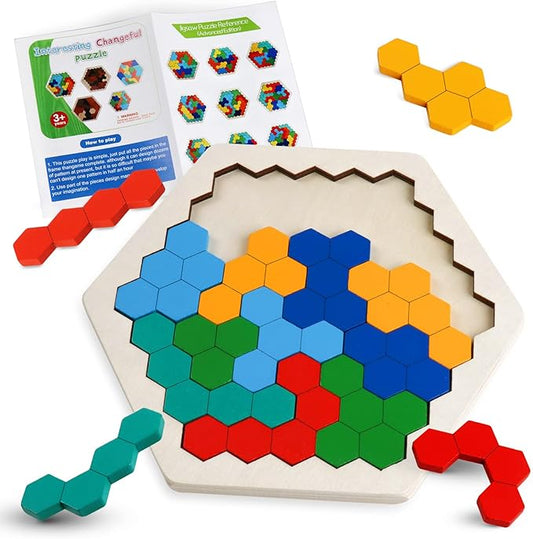 Skrtuan Wooden Blocks Puzzle for Kid Adults Brain Teaser Hexagon Puzzles Games Toy Shape Pattern Block Tangram Geometry Logic IQ STEM Montessori Educational Gift for Kids Boys Girls Challenge
