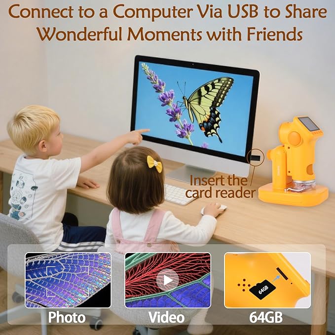 1600X Microscope for Kids, Detachable Handheld Mini Digital Microscope with Photo Video Function, Rechargeable Educational Toys with 64GB, 6 Slides and Make Tool Gift for Kids