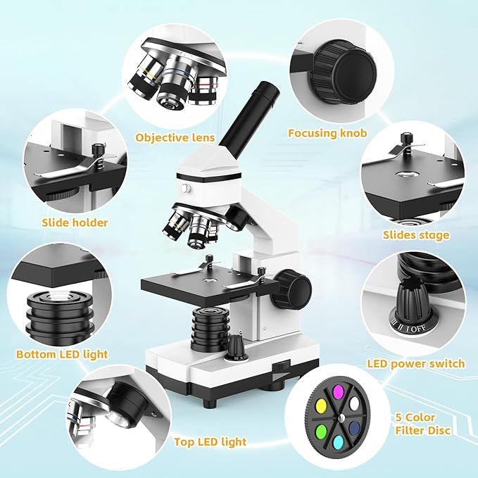 Compound Microscope for Adults & Kids - 40X-2000X Biological Microscopes for Students - Microscopio profesional with Dual LED Lights Phone Adapter Microscope Slide Set for School Lab & Education