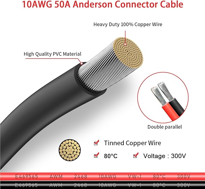 10AWG 10FT Anderson Connector 50 Amp Cable,Anderson SB50 Plug Battery Quick Connector Cable for Solar and Wind Energy Systems Battery Connections Forklifts