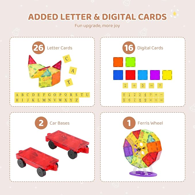 VEVOR Magnetic Tiles, 181 PCS Magnetic Blocks for Kids, Magnet Building Set with Car Bases/Ferris Wheel/Letter & Digital Cards, STEM Construction Stacking Toys for Toddlers Boys Girls Aged 3 Years