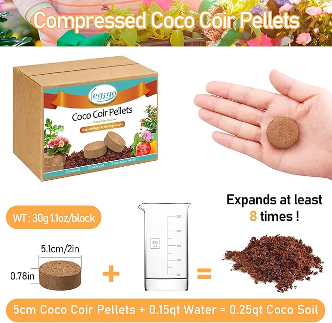 Legigo 200 PCS 50mm Coco Coir Pellets Potting Soil Mix- Compressed Coconut Coir Discs Seed Starting Soil Pellets, Coco Peat Soil Pods for Indoor & Outdoor Plants, Gardening Herbs Bonsai and Vegetables