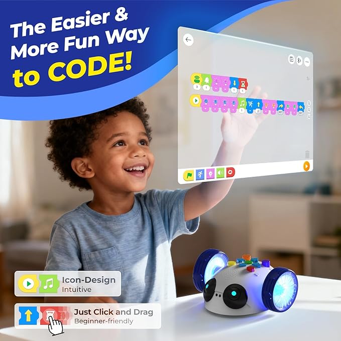 Coding Robot Toys for Kids Ages 5+, STEM Robot Toy Kit with Wheels and Play Cards, Screen Free Remote Control Programming Interactive Toy for Boys and Girls Ages 5-8