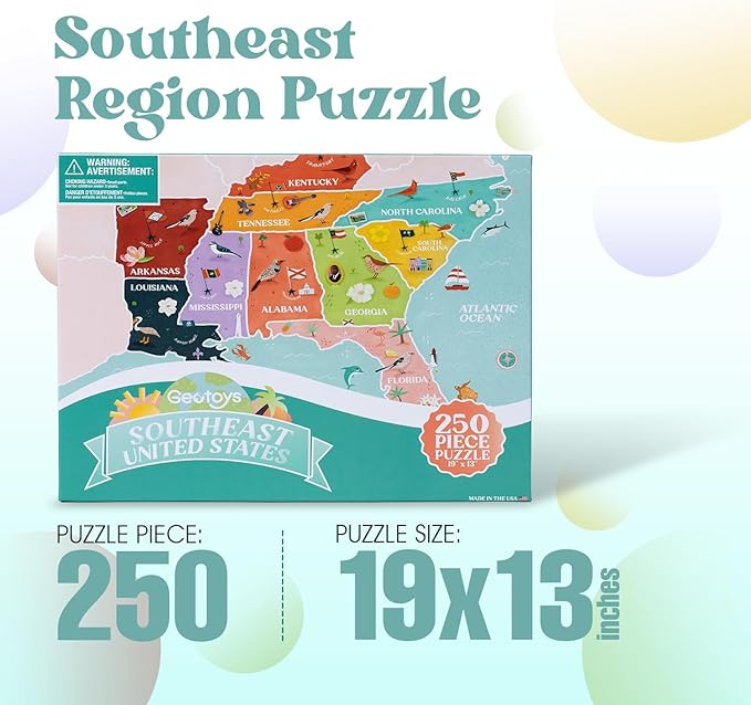Geotoys Southeast Region Jigsaw Puzzle - 250 Piece Puzzles for 8 Year Olds - Jigsaw Puzzles for Kids Ages 8-12 Years Old - Kids Puzzle Games with Colorful Landmarks