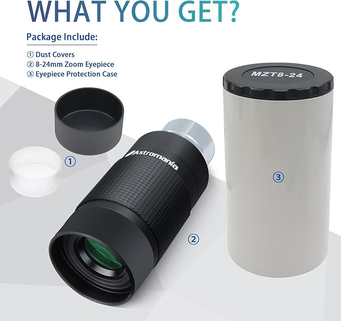 Astromania Zoom Eyepiece for Telescope, 8-24mm Wide Field Zoom Eyepiece Variable Power Design with T Thread for Astrophotography, Compatible with Telescope That Accept Telescope Eyepiece 1.25 Inch