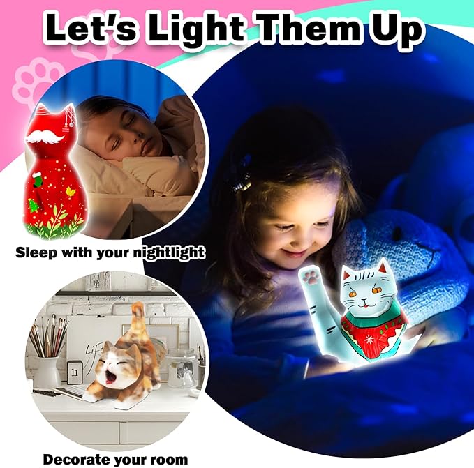 FUNZBO 3pcs Paint Your Own Cat Lamp Kit - Arts and Crafts Supplies Kitten Painting Kits for Kid Teen, DIY Night Light Toy for Toddlers Girl Boy Age 3 4 5 6 7 8 9 10 11 12 13 Christmas Birthday Gifts