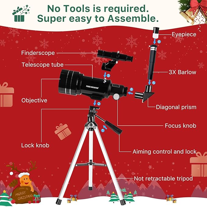 FREE SOLDIER Telescope for Kids 70mm Aperture Astronomical Refractor Telescopes for Beginners (15X-150X) 300mm Telescope for Adults High Powered with A Phone Adapter & A Wireless Remote (Black)