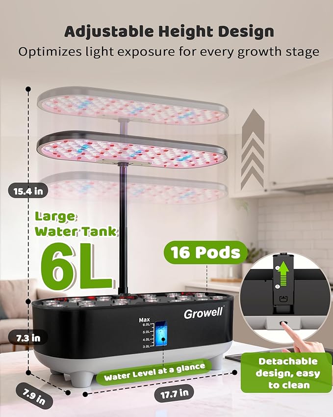 Hydroponics Growing System Kit, 16 Pods, Vertical 8L Indoor Gardening System for Herb Vegetable Fruit, with LED Grow Light, Smart Water Circulation, 3 Light Modes & 2 Timer, Black