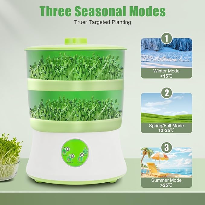 Bean Sprouts Machine, 2-Layer Automatic Sprout Grower with 3 Seasonal Modes, Seed Sprouter Kits for 6-8 People, Suitable for Mung Bean, Soybean, Radish, Alfalfa, Wheatgrass, Broccoli Sprouts