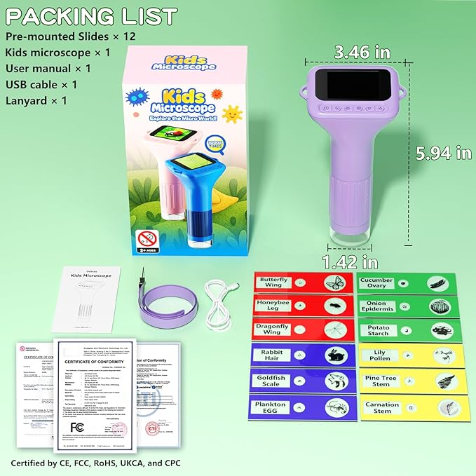 Microscope for Kids with 12 Slides, 100X-1000X 1080P Digital Handheld Kids Microscope, Mini Portable Pocket Miniscope Science Toys Gifts for 3+ 4 5 6 7 8 9 10 11 12 Year Old Boys Girls, Purple