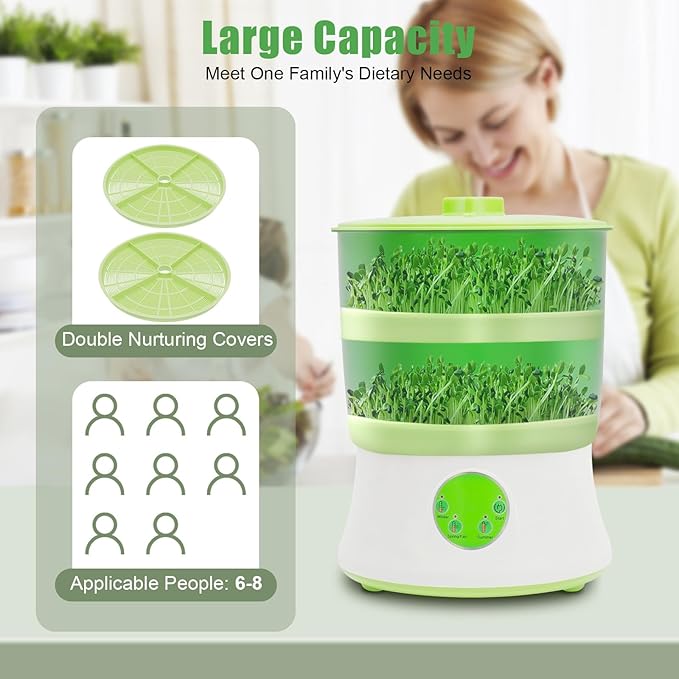Bean Sprouts Machine, 2-Layer Automatic Sprout Grower with 3 Seasonal Modes, Seed Sprouter Kits for 6-8 People, Suitable for Mung Bean, Soybean, Radish, Alfalfa, Wheatgrass, Broccoli Sprouts