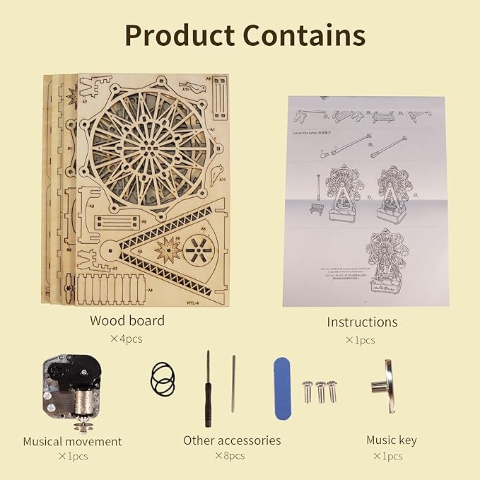 3D Wooden Puzzles Music Box Ferris Wheel DIY Crafts Handmade Model Kits for Women Birthday Gifts