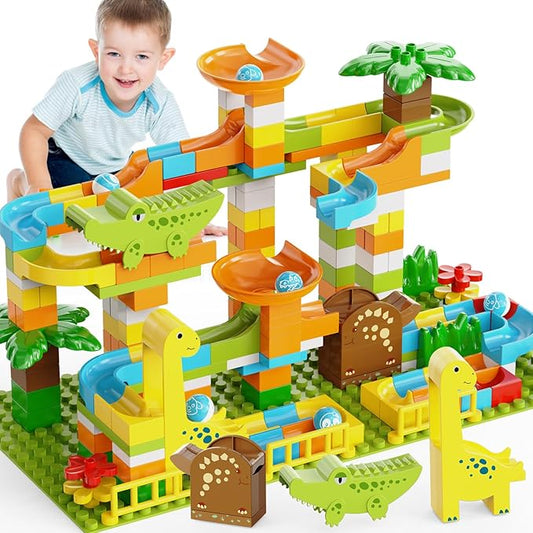 JIXIn Dinosaur Marble Runs for Kids 4-8 Building Blocks 187Pcs Compatible with Lego DUPLOS for Age 2-5 - Marble Run for Kids Ages 3-5 - Montessori Toys - STEM Toys - Fun Dinosaur Toys for Kid Ages 3+