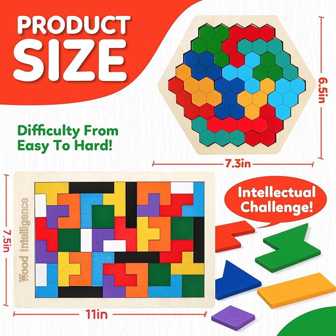 Wooden Puzzles Blocks Brain Teasers Logic Games for Classroom & Party Times,Jigsaw Puzzle Intelligence STEM Montessori Educatioanl IQ Toys Games for Kids Boys Girls Ages 3+ (2 Pack)