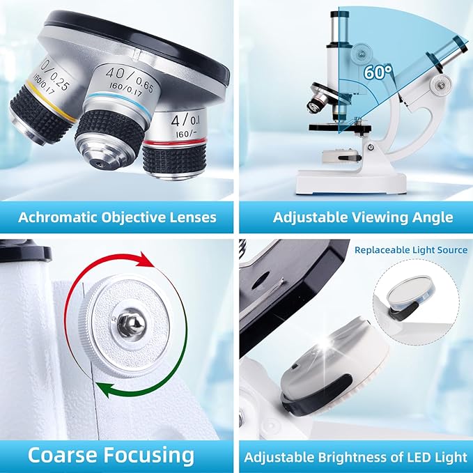 Microscope for Kids Beginner, 40X-2000X Biological Compound Microscope Kit with Adjustable Brightness LED, Slides for School Lab Home Education, Gifts for Children Students