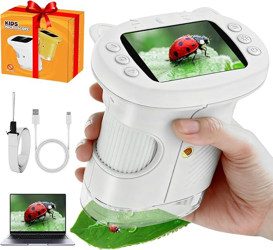 2.4" Screen Pocket Kids Microscope: 1000X Handheld Microscope for Photo and Video - Portable Science Kits STEM Toys – Christmas/Birthday Gifts for Girls & Boys Ages 3-12(White)
