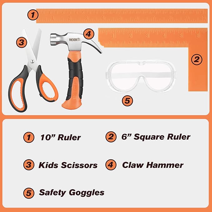 REXBETI 10-Piece Kids Tool Set with Real Hand Tools, Orange Durable Storage Bag, Children Learning Tool Kit for Home DIY and Woodworking, 6+ Years Old Birthday Gift