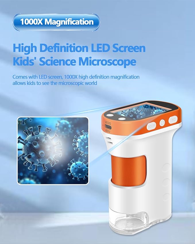 OZSTAR Microscope for Kids 1000x Magnification, 2.4-inch ScreenPocket Microscope with Photo and Video Recording (with Slide Kit) Portable Educational Gift