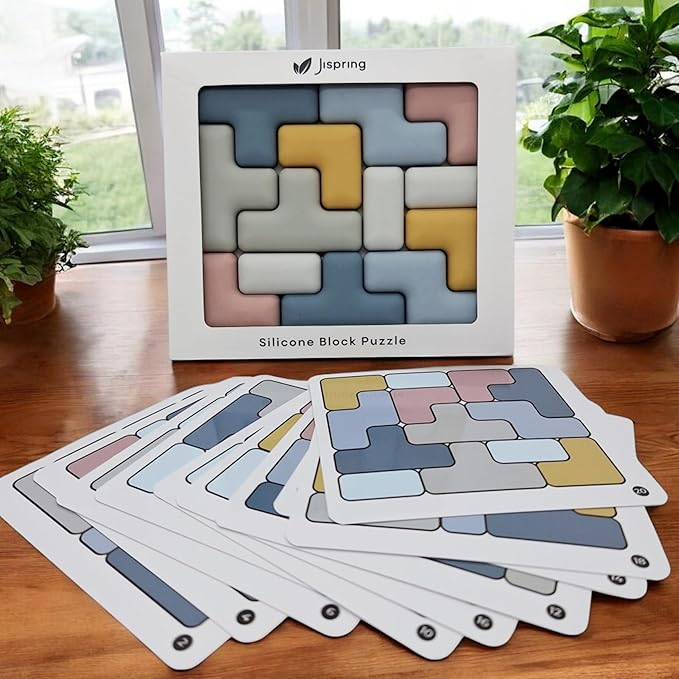 Jispring - 100% Soft Silicone - Dementia Activities for Seniors, Tetris Tile Matching Puzzle with 20 Pattern Templates, Alzheimers & Elderly Sensory Fidget Toy, Cognitive Memory Support