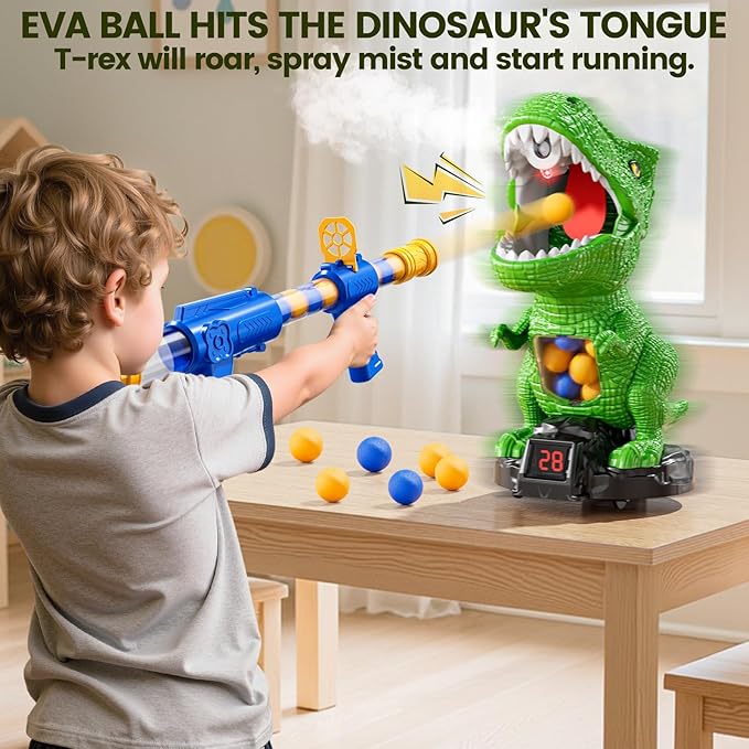 Movable Dinosaur Shooting for Toys Kids 4-6, Electronic Kids Target Games with 2 Air Pump Guns, LCD Score Record, Sound, 48 Foam Balls, Birthday Gifts for 3 4 5 6 7 8 9 Year Old Boys Girls