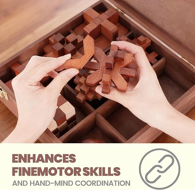 Wooden Brain Teaser Puzzles for Adults - Brain Teaser Puzzles with Wooden Box 3D Puzzle Game Toys for Adults Teens - Unlock Interlocking Puzzle Adults Teens IQ Education Smart Toys