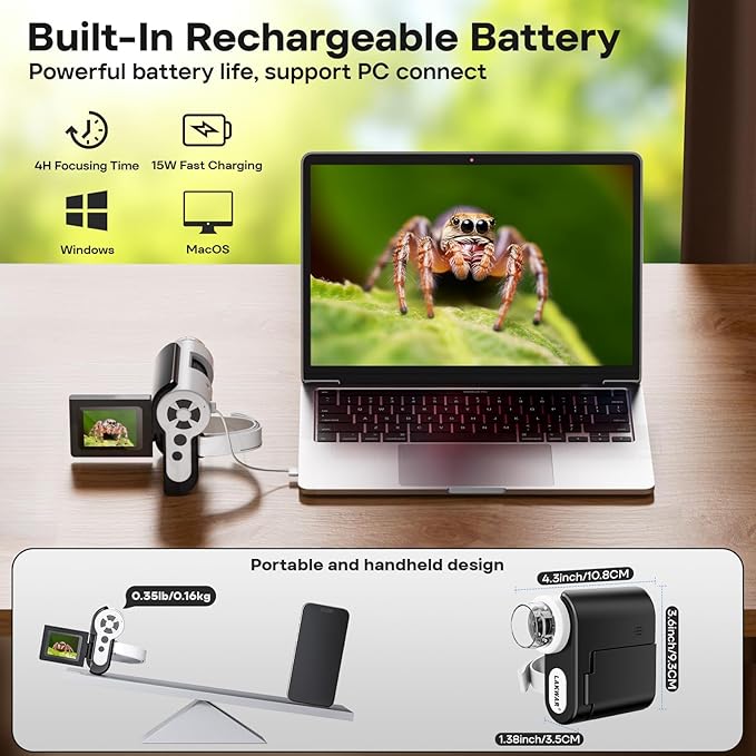 LAKWAR 1000X Handheld Digital Microscope for Kids: 4K 2.0" Screen Portable Digital Microscope for Kids 8-12 Home School Science Education (Black)