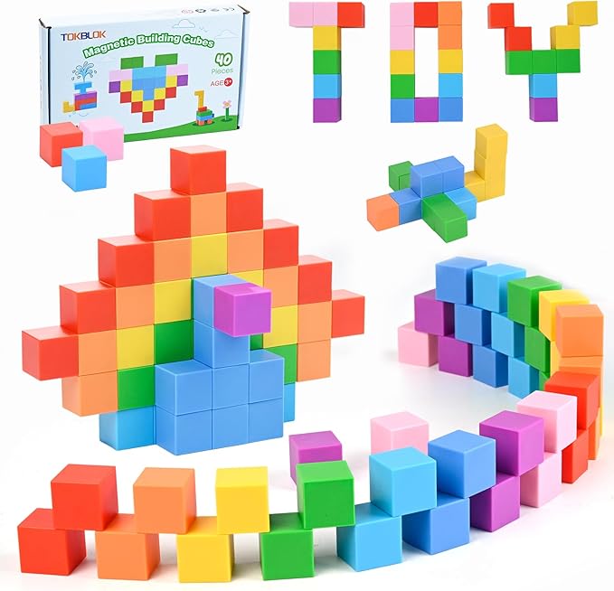 40PCS Magnetic Blocks for Kids Ages 3-8 - STEM Educational Building Toys, Classroom Must Have Magnet Toys for 3 4 5 6 Year Old Boys & Girls, Rainbow Color Magnetic Cubes for Toddlers