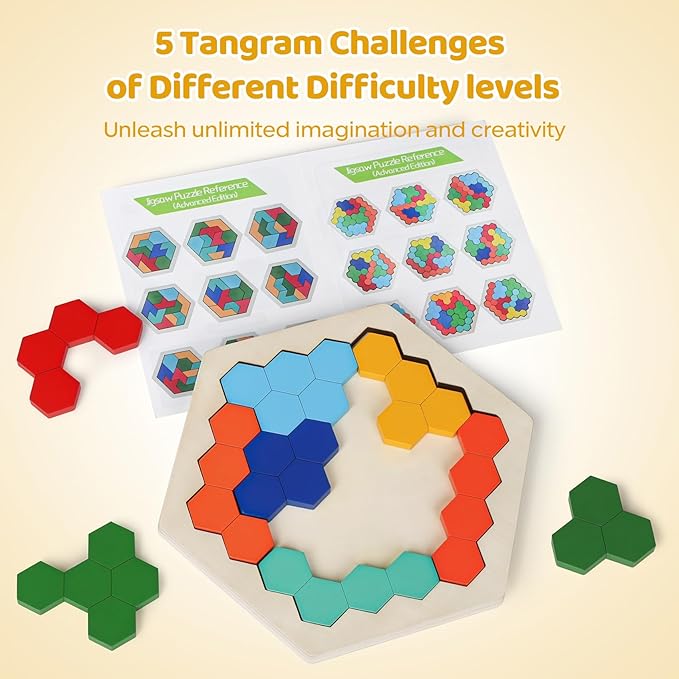 5 Pack Wooden Brain Teaser Puzzles Sets for Kids,Montessori Brain Blocks Logic Tangram Geometric Shapes Puzzle Matching Games Christmas Stocking Stuffers Gifts for All Ages Boys Girls