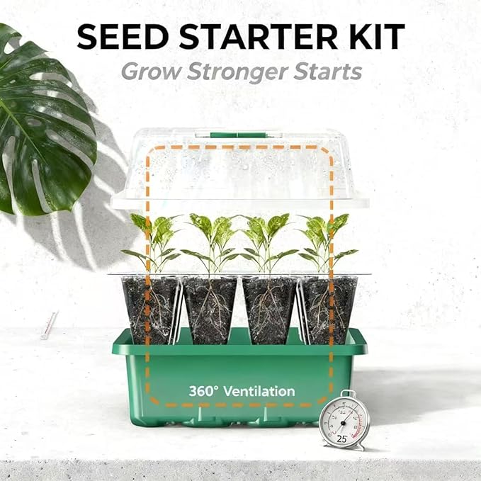 Seed Starter Kit with Grow Lights, 48 Cells Total (4 Trays of 12), Full Spectrum Mini Greenhouse for Indoor Plant Germination, Green