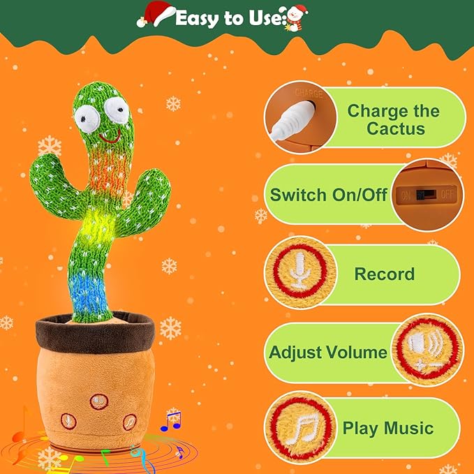 Rechargeable Dancing Talking Cactus Toy for Baby Toddler, Stocking Stuffers for Kids,Singing Mimicking Recording Repeating with 120 Songs, tummy time toys for Girls Boys, Birthday or Chirstmas Gifts
