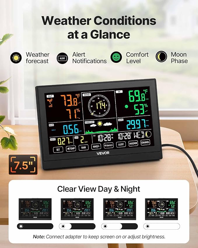 VEVOR 7-in-1 Wi-Fi Weather Station with APP, 7.5-Inch VA Display, Wireless Solar Powered Outdoor Sensor, Rain Gauge, Indoor Outdoor for Weather Forecast, Wind Speed, Temperature, Humidity, Rainfall