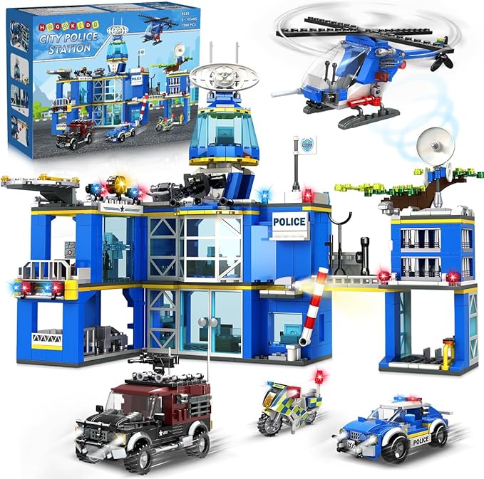 HOGOKIDS City Police Station Building Set - 1260 PCS Police Building Block Toys with Helicopter Motorcycle Police Vehicle Bandit Car, STEM Police Construction Toy for Kids Boys Girls Ages 8-12+ Years