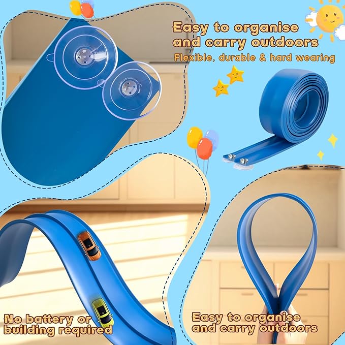 Flex Track 15 Ft Starter Set, Flexible Race Car Ramp Track for Ages 3 & Up with Suction Cups Compatible with Diecast 1/64th Cars (Blue)