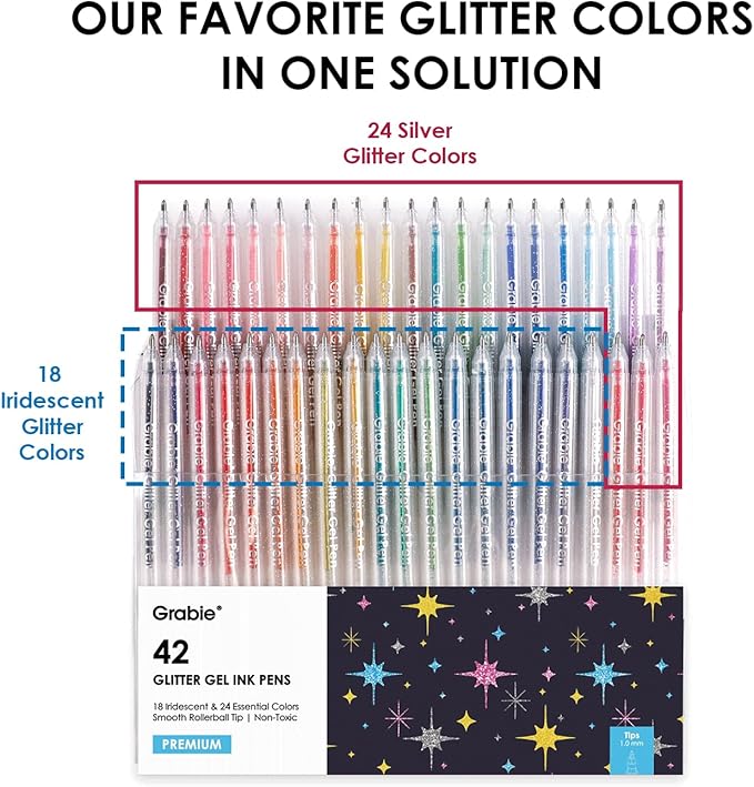 Grabie 42 Capped Glitter Gel Pen Set, 18 Iridescent&24 Essential Color Pens, Smooth Rollerball Tip, Metallic Sparkly Gel Pens for Coloring, Set of 42 Gel Pens Colored