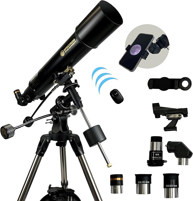 SpectrumOI Telescope for Adults and Kids, 102mm (4") Refractor Telescope, Beginner Telescope for Adults and Kids 8-12, EQ Mount Telescope, Telescopio Profesional with Phone Adapter Wireless Remote…