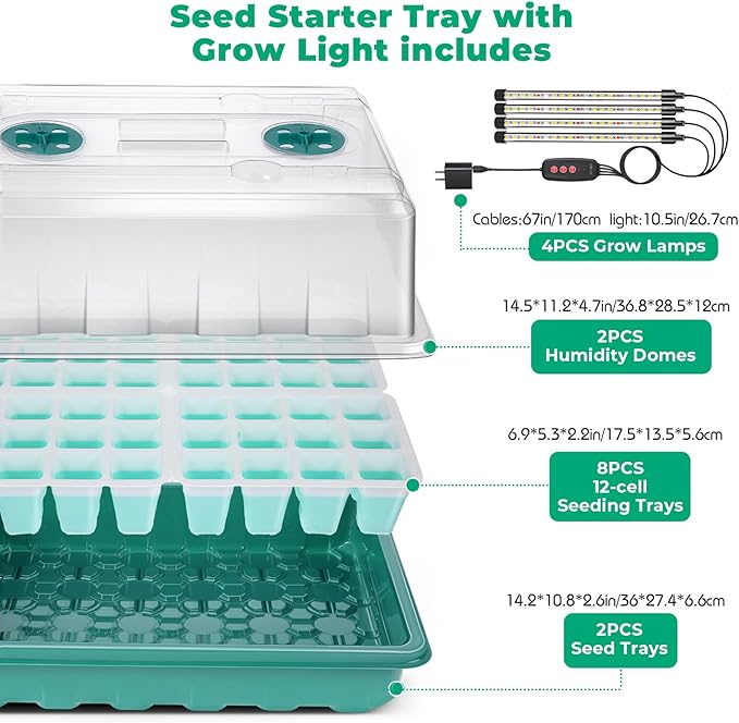 Seed Starter Tray with Grow Light, Flexible Silicone Seedling Starter Kit, 48-Cell Seed Growing Tray, Seed Starting Trays Plant Starter Kit, Reusable Indoor Gardening Plant Germination Trays (2)
