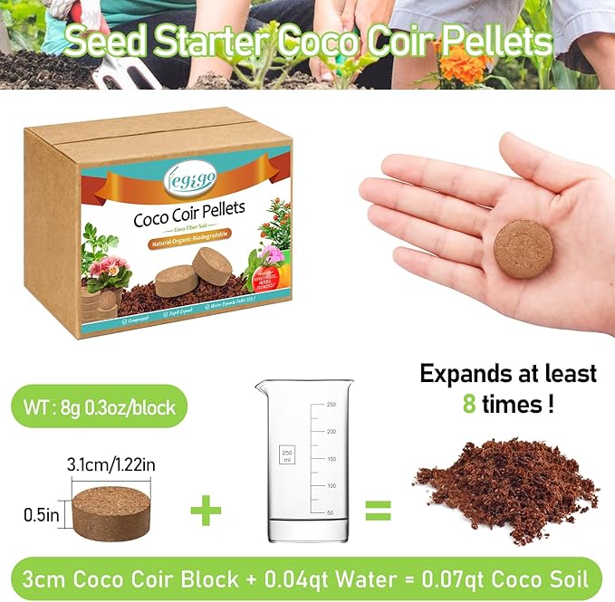 Legigo 200 Pcs 30mm Coco Coir Pellets Seed Starter Soil Mix- Organic Coconut Coir Potting Soil Pods for Seedling, Coco Peat Soil Discs for Indoor & Outdoor Plants Bonsai Herbs Vegetables and Flowers