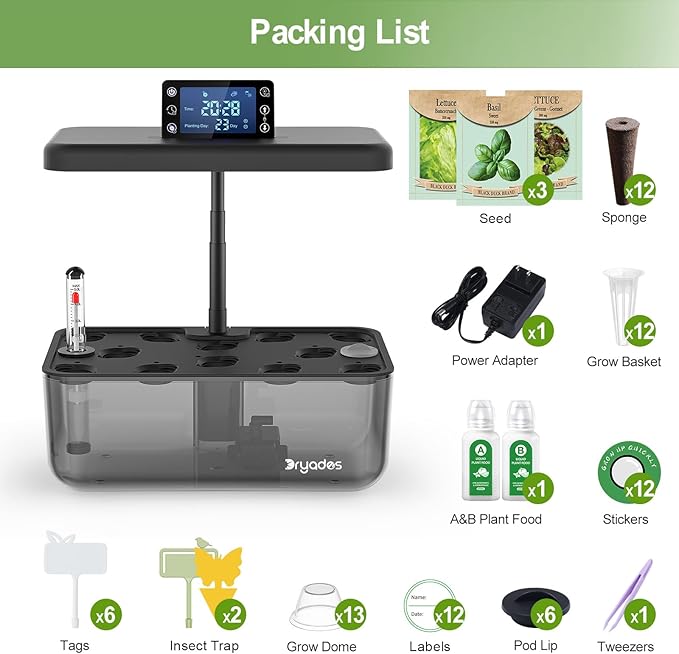 Hydroponic Growing System Kit with Operation Screen + 3 Free Seeds (Lettuce, Salad Mixed, Basil), 12 Pods Indoor Smart Gardening Herb Planter, 24W Full Spectrum LED Grow Light Growing System (Black)